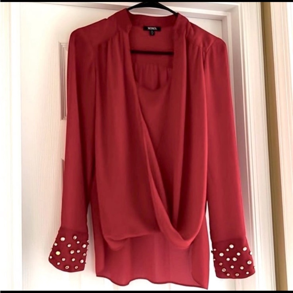 XOXO Red Draped Blouse with Embellished Cuffs Women’s S